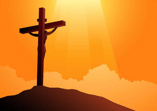 Bijbelse vectorillustratieserie, achteraanzicht van Jezus aan het kruis met een doornenkroon - Vector, afbeelding
