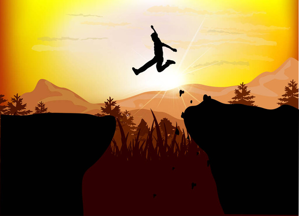 Silueta mladého člověka, skákání přes hory při západu slunce - Vektor, obrázek