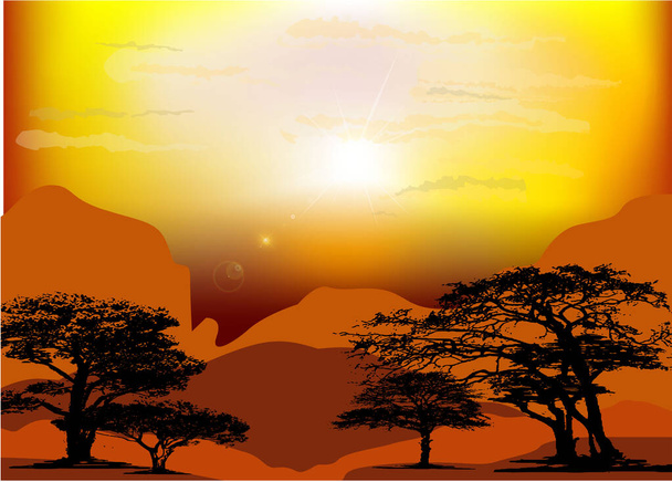 Sunrise in the desert showing agave stalks silhouette and rocks and deep red colors of the sun - Vector, Image