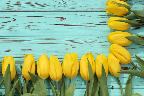 žluté tulipány na modrém dřevěném pozadí. místo pro text - Fotografie, Obrázek