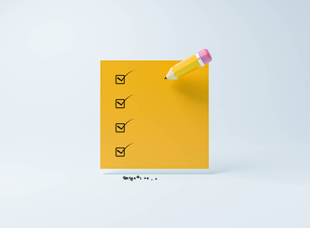 Matita gialla scrivere segno di spunta o corretto sulla casella di controllo di carta per completare con successo fare concetto di checklist di rendering 3d. - Foto, immagini