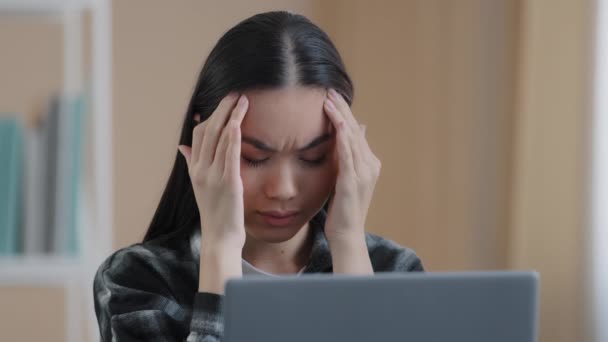 Asian korean japanese chinese girl millennial business woman tired exhausted worker manager stressful user female student with laptop feeling tired pain discomfort suffering tension headache stress - Footage, Video
