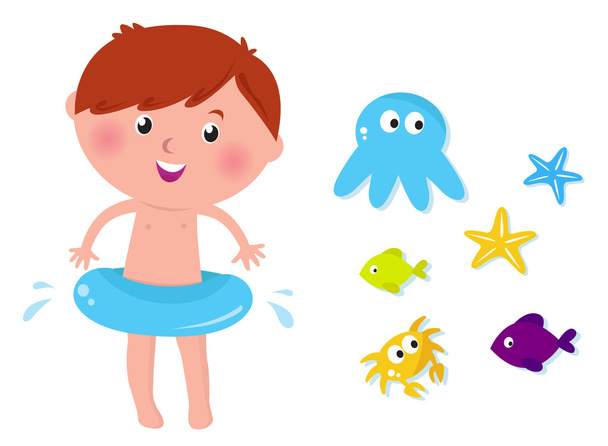 Cute swimming boy and sea animals - isolated on white background - Vektör, Görsel