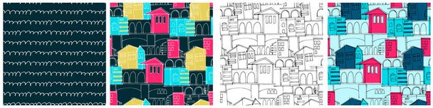 Naadloze patronen set, kleurrijke stadsgezicht met historische gebouwen en bogen voor oppervlakteontwerp en andere ontwerpprojecten - Vector, afbeelding
