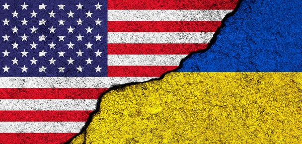 USA and Ukraine. Flags painted on cracked concrete wall. United States, America. Partnership, relationships and conflict concept. Banner background - Photo, Image