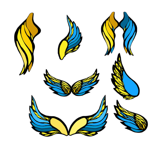 набор синих желтых крыльев на белом фоне - Вектор,изображение