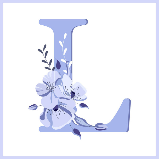 Γράμμα L διακοσμημένο με λουλούδια και φύλλα, ντελικάτα λιλά χρώματα. Εικονογράφηση, εικονίδιο, σχέδιο για πρόσκληση γάμου, διακόσμηση - Διάνυσμα, εικόνα