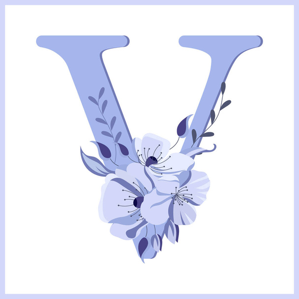Letter V versierd met bloemen en bladeren, delicate lila kleuren. Illustratie, icoon, design voor bruiloft uitnodiging, decor - Vector, afbeelding