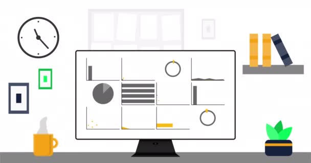 Computer da ufficio con infografica moderna sullo schermo. Ufficio, dati moderni o animazione statistica. Animazione risoluzione 4K - Filmati, video