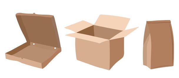 Ensemble de paquets en papier. Boîte, emballage de pizza, sac en papier - Vecteur, image
