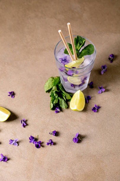 Transparent glass of lemonade soda cocktail with mint, violets flower ice and lime slices, paper straws, standing on brown table. Cold summer drink - Foto, imagen