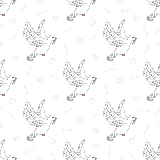 Peace dove seamless pattern on white background. Vector illustration of a green olive branch of a white dove for web, print - Διάνυσμα, εικόνα