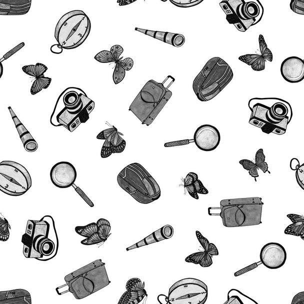 Travel seamless pattern from suitcases, magnifying glasses, cameras, spyglasses. Watercolor illustration - Photo, Image
