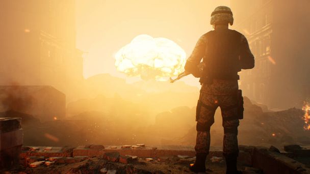 Soldat contre une explosion nucléaire - Photo, image