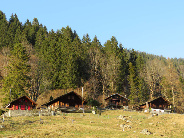 Horské chaty (chalupy) nebo statky a staré dřevěné chaty v alpském údolí Klontal (nebo Kloental) a u jezera Klontalersee (Kloentalersee nebo Klontaler jezero) - Kanton Glarus, Švýcarsko / Schweiz - Fotografie, Obrázek