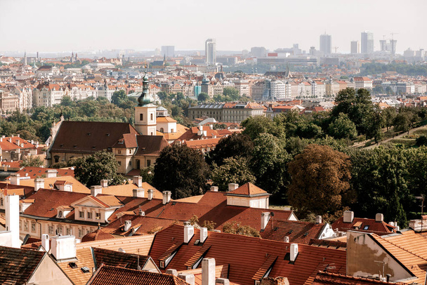 Elevated view of roofs and park in Prague city - Fotoğraf, Görsel
