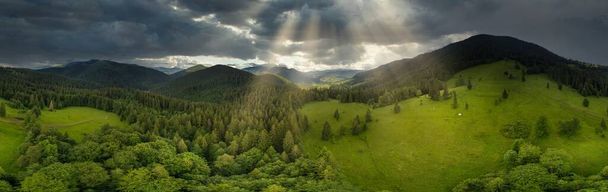 Ευρυγώνια πανοραμική λήψη όμορφων λιβαδιών, λόφων και δέντρων στο Synevyrska glade δίπλα στη λίμνη Synevyr. Majestic και υπέροχα τοπία των Καρπαθίων βουνών στην Ουκρανία - Φωτογραφία, εικόνα