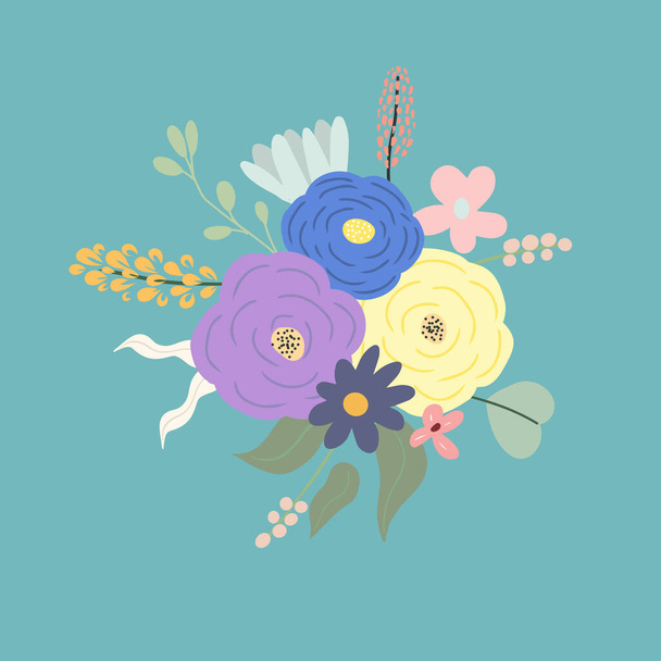 Flores silvestres florecientes, hojas y bayas. Composición floral botánica de plantas de prado florecido. Ilustración vectorial plana coloreada de hermosas flores silvestres - Vector, imagen
