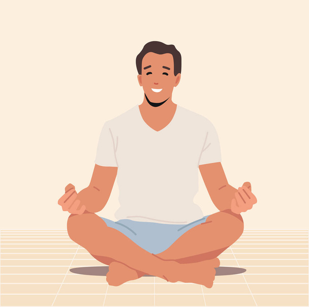İçerde meditasyon yapan adam Lotus Pozu 'nda oturan salonda Yoga Asana yapıyor. Konsantrasyon, Sağlıklı Yaşam, Rahatlama, Zen - Vektör, Görsel