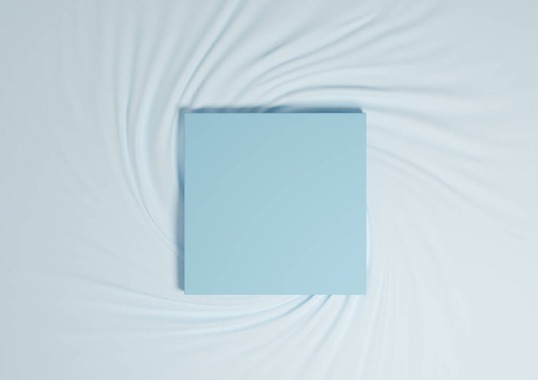 Licht, pastel, baby blauw 3D rendering minimaal product podium bovenaanzicht plat gelegd textiel eenvoudige achtergrond met vierkante standaard van boven - Foto, afbeelding