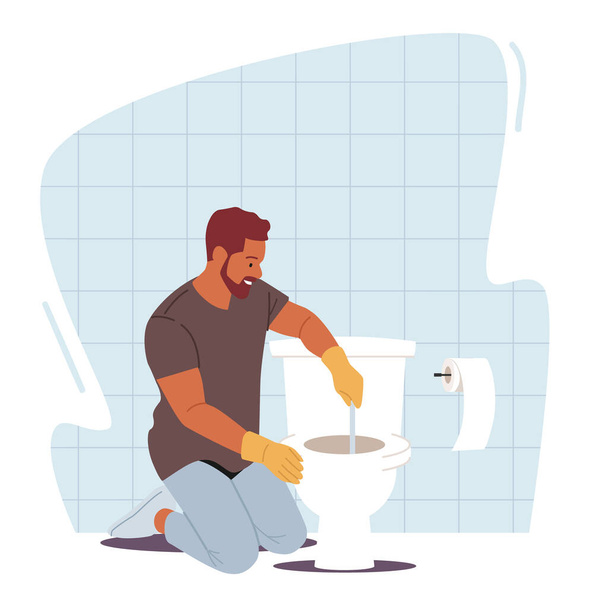 Man Household Duties Concept. Handyman Remove Blockage with Plunger in Toilet, Fixing Broken Plumbing at Home Bathroom - Vector, Image