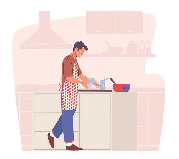 Man Cleaning Kitchenware, Household Activity, Domestic Chores and Hygiene Duties, Dishwashing Sanitary Process - Vector, Image