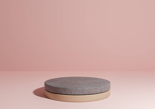 Pastel, light red, salmon pink 3D rendering simple product display, natural minimal background with cylinder podium stand made out of concrete and wood for nature products - Photo, Image