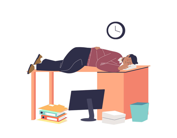 Tired with overwork man sleeping at workplace. Exhausted manager office worker lying at desk - Vector, Image