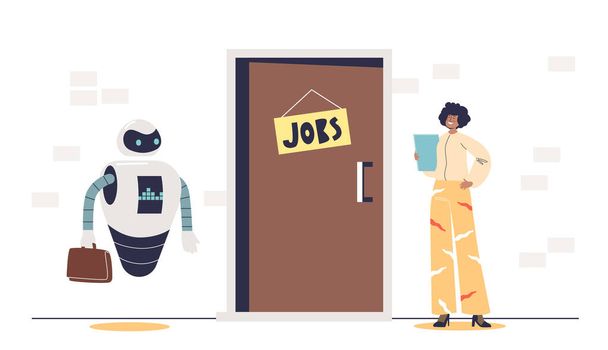 Femme et robot attendent ensemble l'entretien d'embauche. Candidat féminin et robotique pour un poste vacant - Vecteur, image