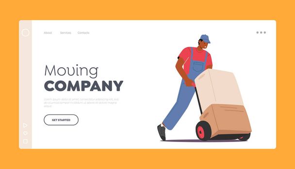 Moving Company Landing Page Template. Worker in Uniform Driving Hand Truck with Stack of Boxes, Cargo Transportation - Vector, Image