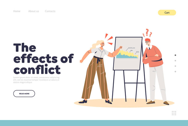 Effects of conflict landing page with colleagues arguing at work. Business partners irritated - Vector, Image