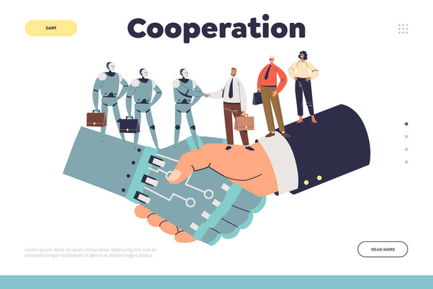 Cooperation concept of landing page with robots and human business team shaking hands - Vector, Image