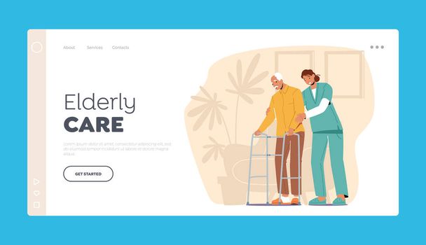 Modello di pagina di destinazione per l'assistenza sanitaria agli anziani. Volontario o medico aiutare l'uomo anziano con telaio a piedi a casa di cura - Vettoriali, immagini