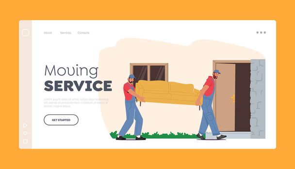 Moving Service Landing Page Template. Relocation into New House Concept. Workers Characters Carry Sofa, Delivery Company - Vector, Image