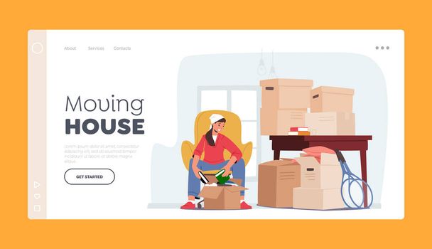 Move to New House Landing Page Template. Young Female Character Relocation, Moving into New Home, Woman Unpacking Boxes - Vector, Image