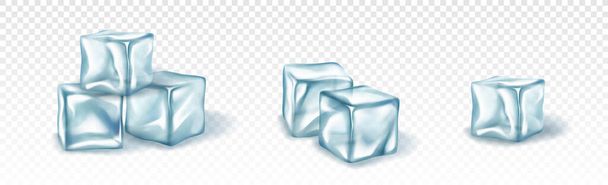 Blauwe ijsblokjes. Realistische kristallen ijsblokken geïsoleerd op transparante achtergrond. 3d glas ijzige stukken - Vector, afbeelding