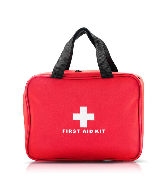 Red bag with first aid kit isolated on white background - Valokuva, kuva