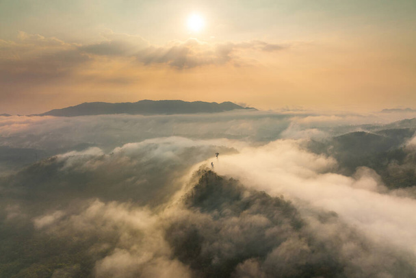 Вид с воздуха туман в лесу и горах и башни связи. Повторитель. - Фото, изображение