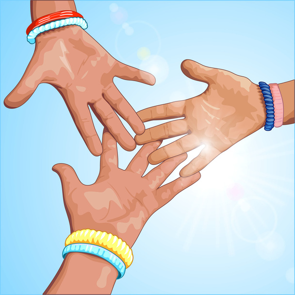 Três mãos sobre um fundo azul
 - Foto, Imagem