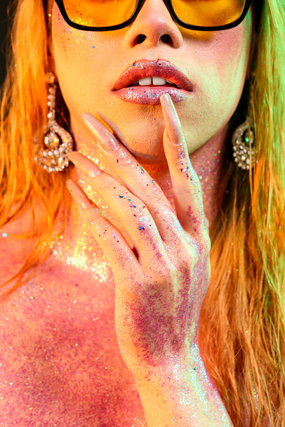 Fashionable young transgender woman with glitters on body, closeup - Photo, Image