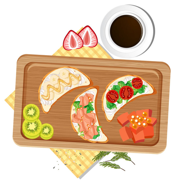 Top view of breakfast on wooden tray illustration - Vetor, Imagem
