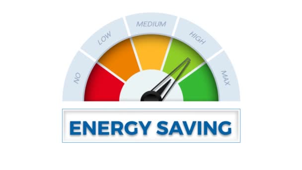La palabra Ahorro de energía en el medidor. Velocímetro que mide el nivel de ahorro. Ilustración animada - Imágenes, Vídeo