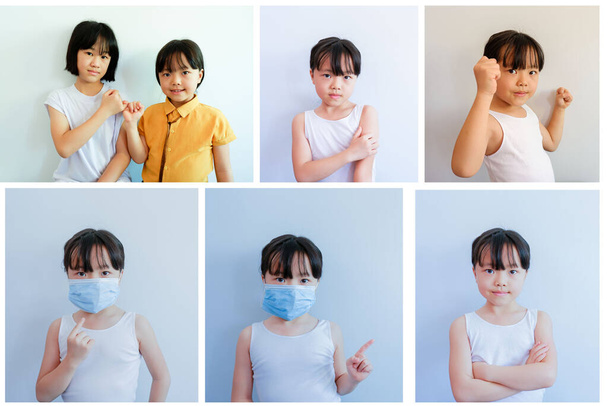 Set of six photographs of girls showing different poses on white plaster background. - Photo, Image