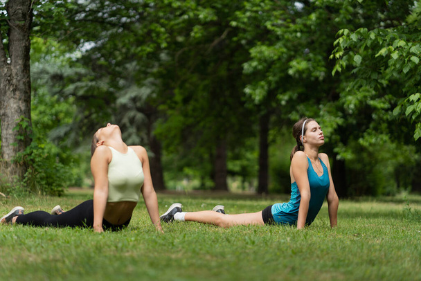 Two sweet girls are doing some yoga out in nature before their training - Photo, image