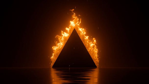 3D görüntüleme, soyut arkaplan, yanan siyah üçgen çerçeve, alev alev - Fotoğraf, Görsel