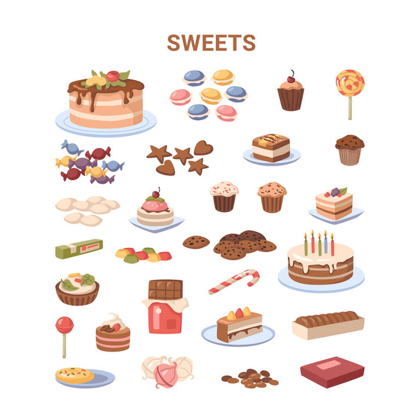 Édességek és desszertek, csokoládés sütemények üvegezéssel - Vektor, kép