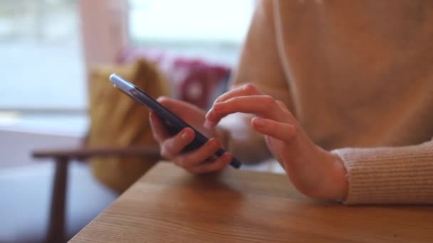 Primer plano de las manos de la mujer utiliza teléfono inteligente sentado en la mesa en la cafetería - Metraje, vídeo