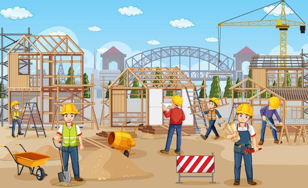 Plac budowy z ilustracją robotników - Wektor, obraz