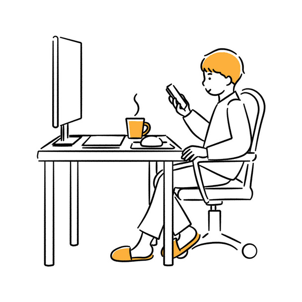 It is a full-body illustration of a man looking at a smartphone between home desk work.Vector data that is easy to edit. - ベクター画像
