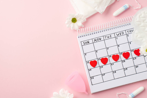 Vista superior de la foto de las marcas rojas del corazón en el calendario camomile brotes menstruales taza higiénicas almohadillas y tampones sobre fondo rosa pastel aislado con espacio vacío - Foto, imagen